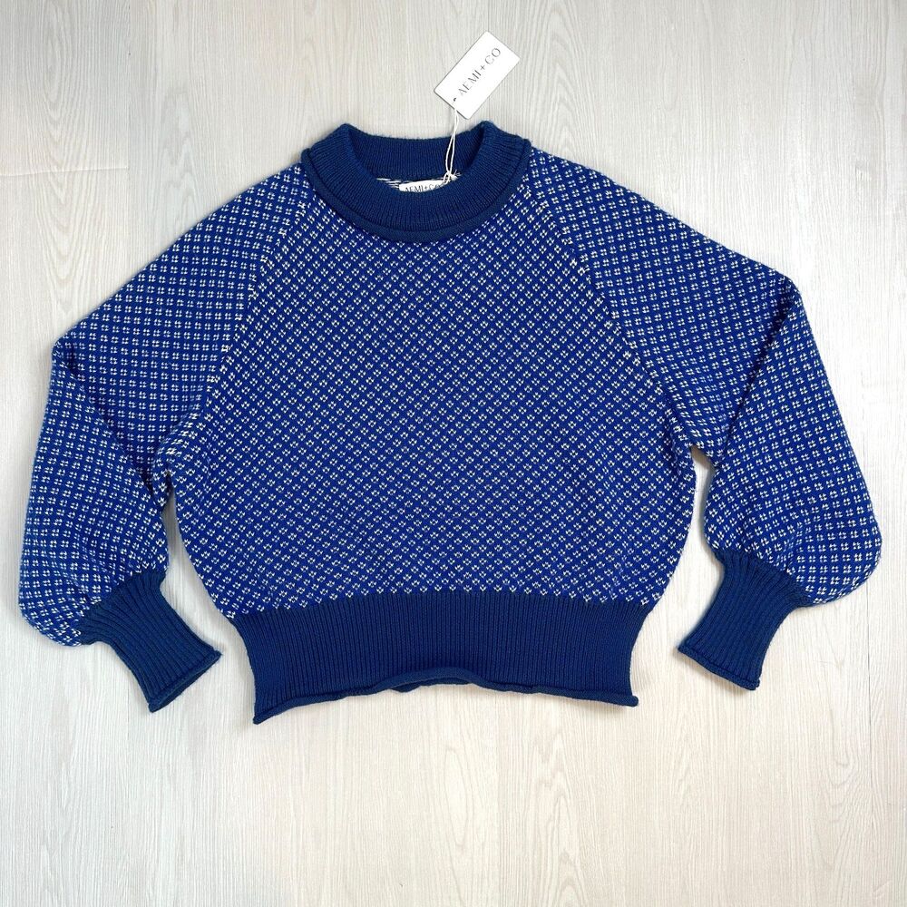AEMI + CO NWT Womens Medium Royal Blue White Patterned Mock Neck Knit Sweater